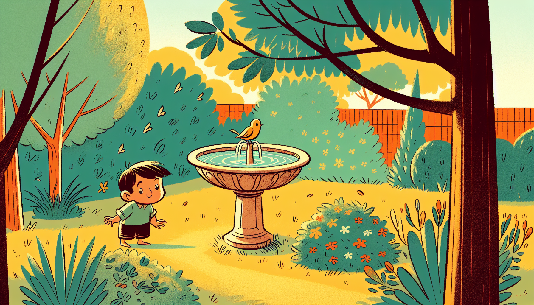 Kind beobachtet einen einfachen Vogelbad im sonnigen Garten, im europäischen Comic-Stil, warme Farben, minimalistisch.