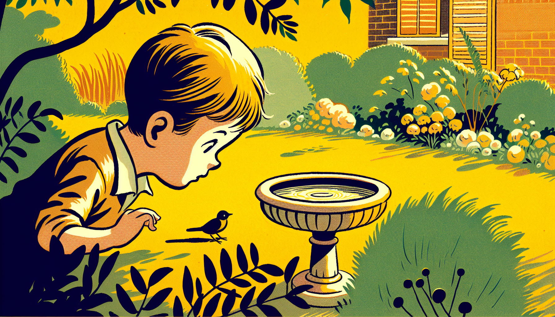 Ein Kind schaut neugierig auf ein leeres Vogelbad in einem sonnigen Garten mit warmen Farben und klaren Linien.