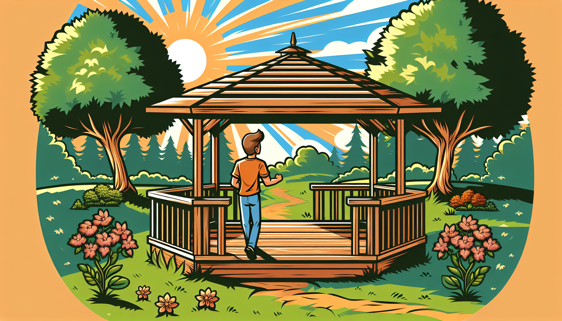 Person im Cartoon-Stil beobachtet Holz-Gazebo in sonnigem Garten, umgeben von Bäumen und Blumen, in warmen Farben.