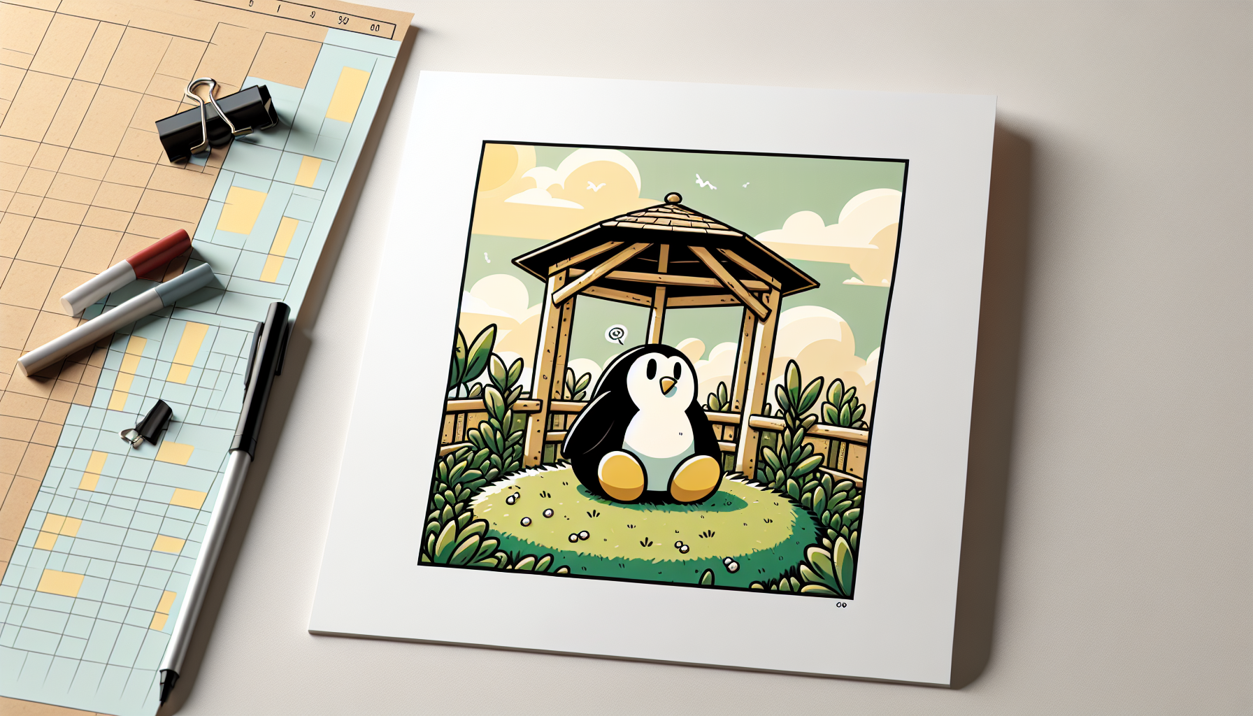 Un pingouin de dessin animé est assis sur l'herbe dans le jardin et regarde confusément le ciel, entouré de couleurs chaudes et de beaucoup de blanc.