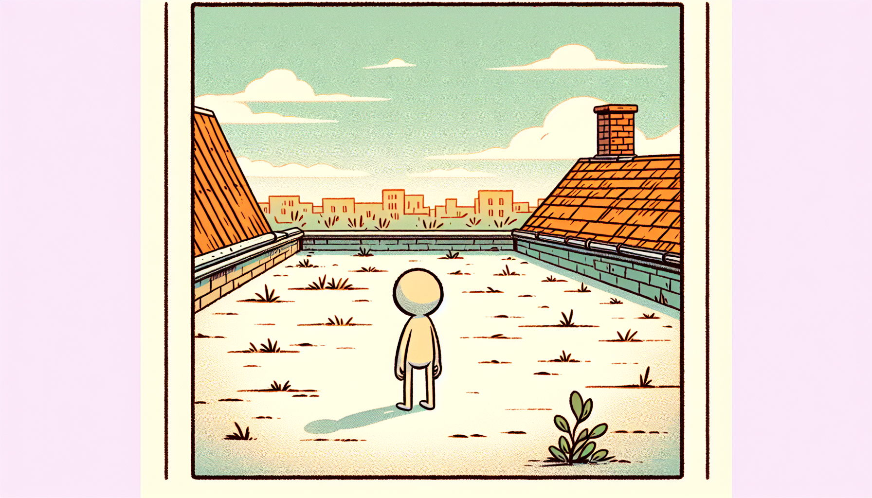 Ein einfacher Cartoon-Charakter blickt besorgt auf ein karges Dach ohne Pflanzen, symbolisiert Vogelhabitatverlust.