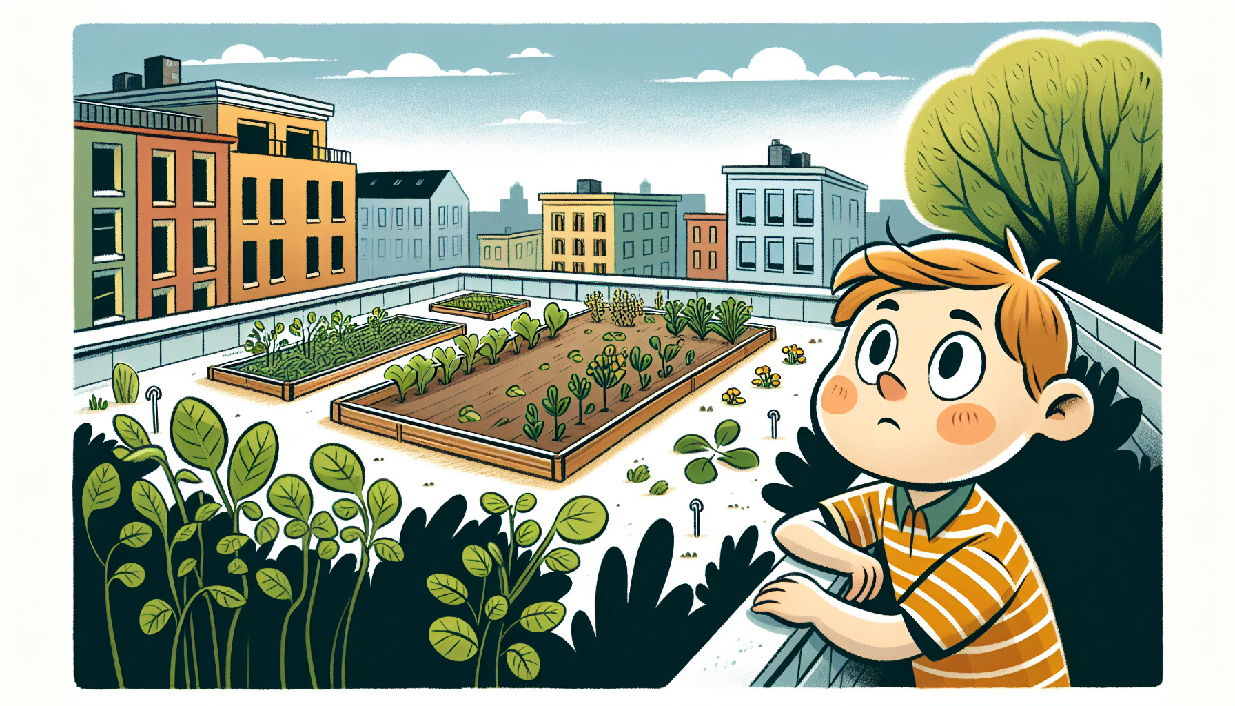 Kind beobachtet verwirrt einen kahlen Dachgarten, umgeben von Pflanzen, die auf ein vogelsicheres Design warten.
