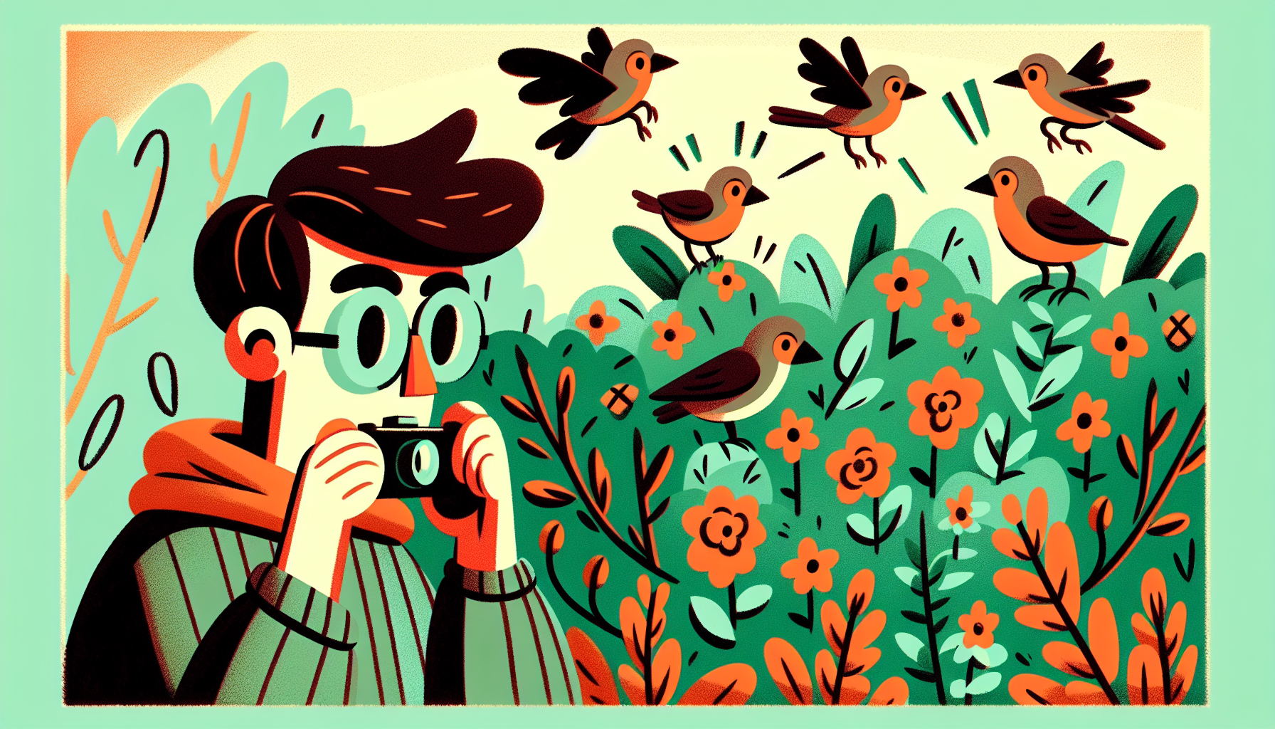 Kleiner Cartooncharakter beobachtet besorgt invasive Vögel in einem bunten Garten mit warmen Farben.