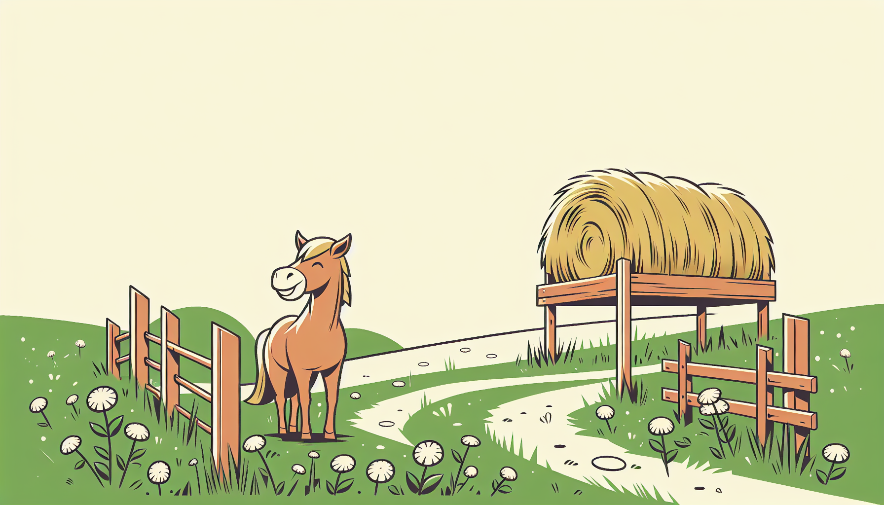 Ein fröhliches Cartoon-Pferd grast neben einem Holzheu-Räck im sonnigen Wiesen, in einem minimalistischen europäischen Comic-Stil.