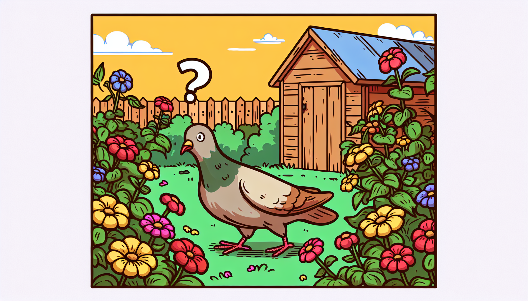 Verwirrte Cartoon-Taube in einem Garten, umgeben von Blumen und einer kleinen Gartenlaube im Hintergrund.
