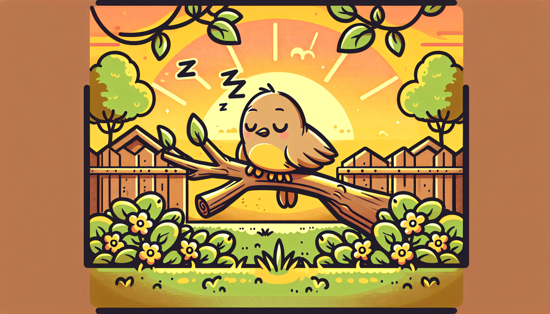 Kleiner Cartoon-Vogel sitzt schläfrig auf einem Ast in einem gemütlichen Garten bei Sonnenuntergang.