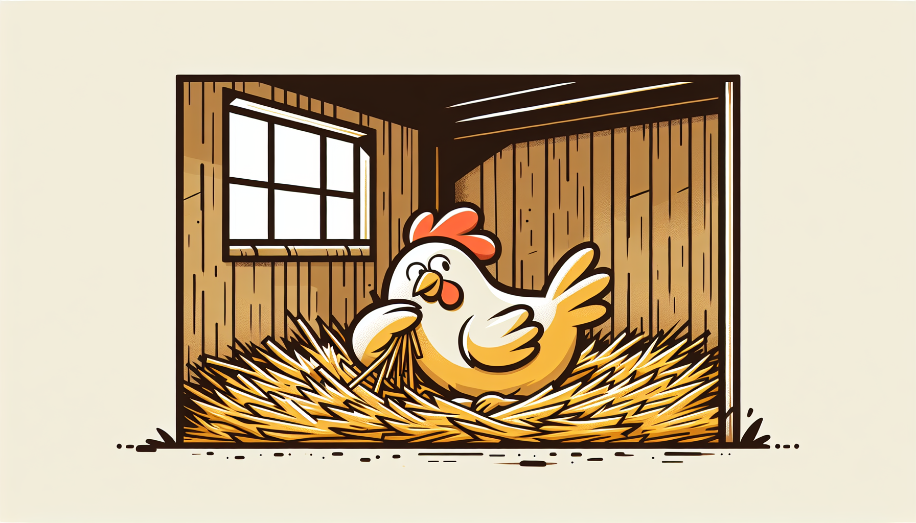 Glückliches Cartoon-Hühnchen in einem sauberen Stall, das fröhlich im frischen Strohhaufen scharrt.