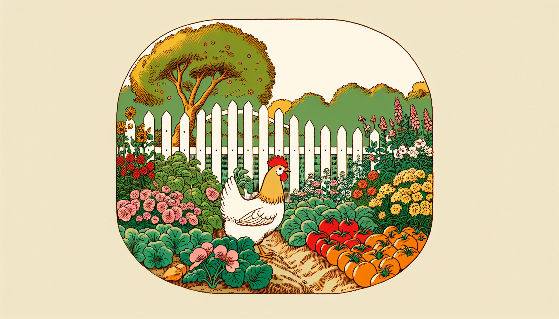 Einfache Cartoon-Henne in einem gemütlichen Garten mit bunten Blumen und Gemüse, fröhlich am Boden pickend.