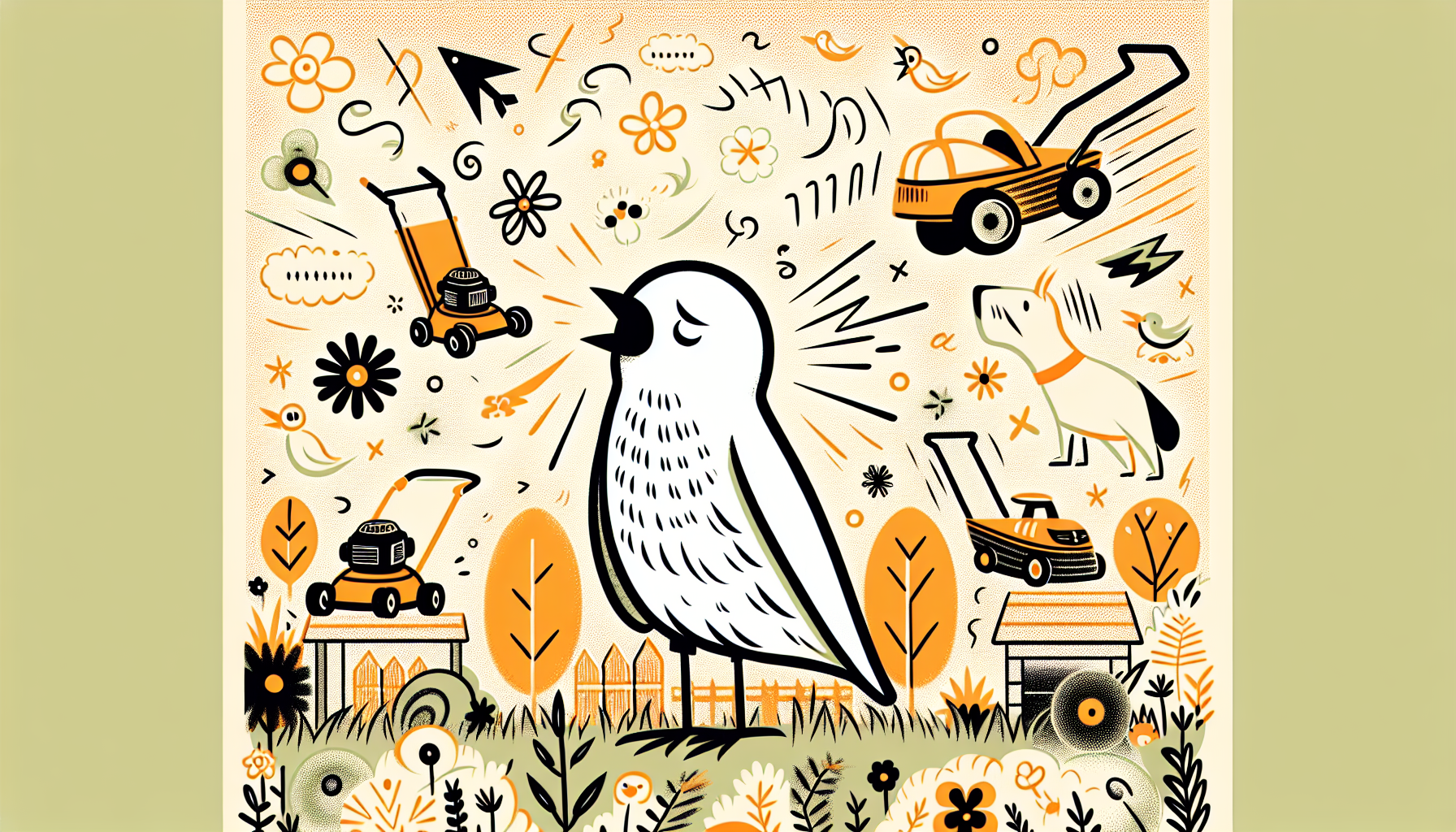 Ein bedrückter Cartoon-Vogel in einem lauten Garten mit Rasenmähern und bellenden Hunden, warmen Farben.