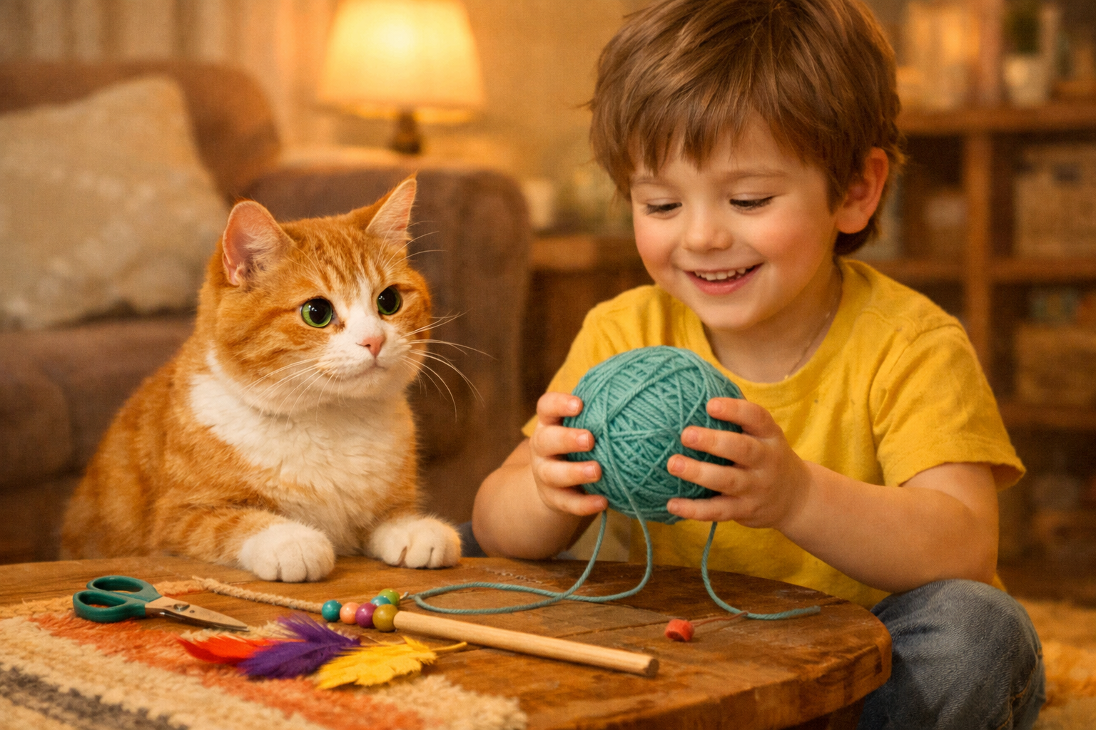 Ein Kind und eine Katze basteln gemeinsam fröhlich ein einfaches Katzenspielzeug in einem gemütlichen Wohnraum.