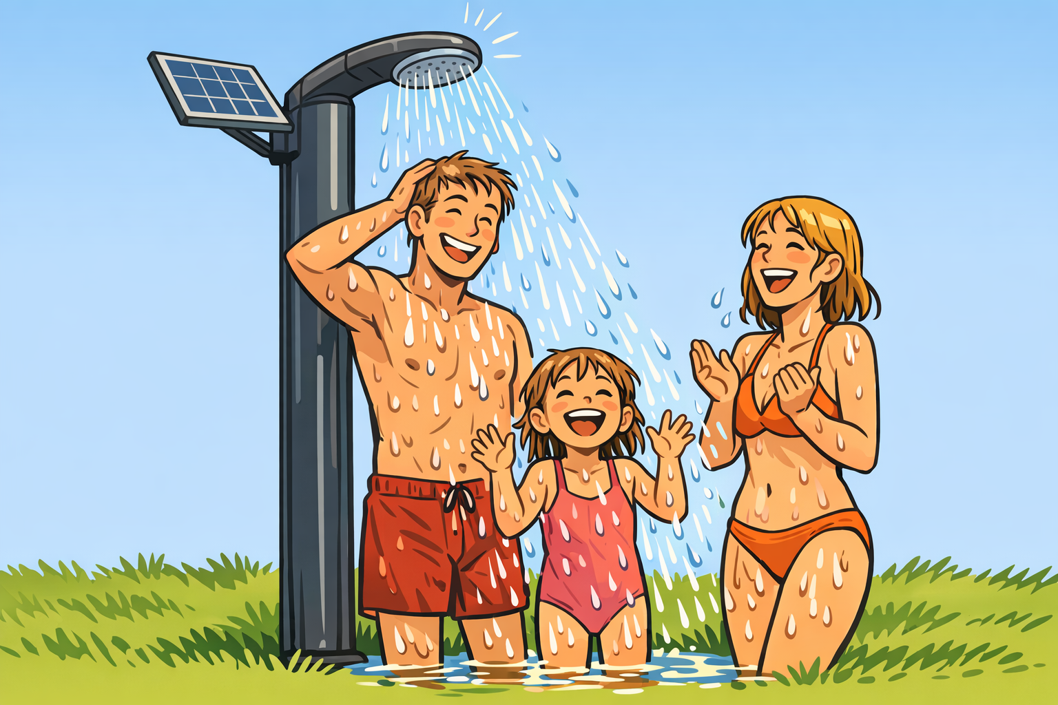 Fröhliche Familie im Garten unter einer Solardusche, strahlende Gesichter, Sonne, grüne Wiese und blauer Himmel.