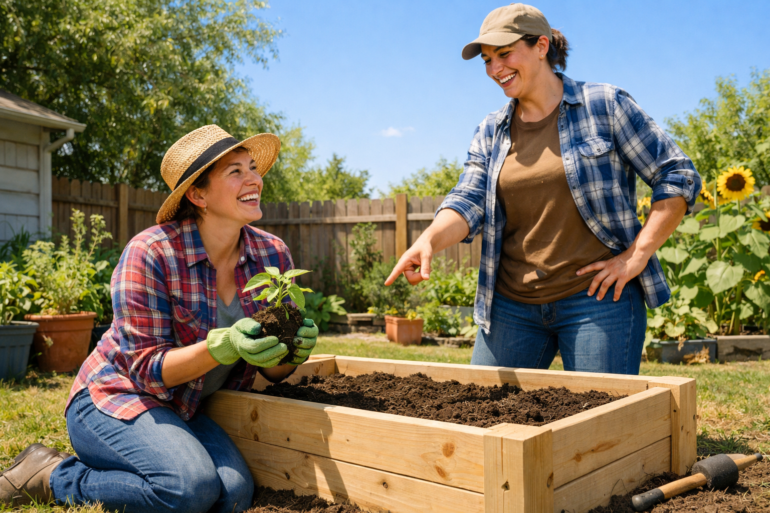 Freudige Menschen im Garten, transplantieren eine Pflanze und betonen Zusammenarbeit beim Gärtnern in sonniger Atmosphäre.