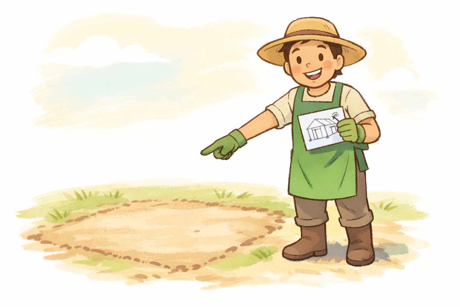 Lächelnder Gärtner zeigt auf einen Platz für ein Gewächshaus in sonniger, freundlicher Umgebung.