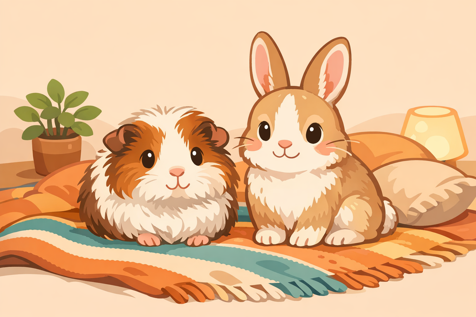 Eine gemütliche Szene mit einem süßen Meerschweinchen und einem freundlichen Kaninchen auf einer bunten Decke, die Freundschaft zeigen.