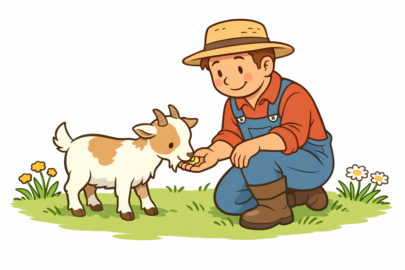 Ein freundlicher Bauer füttert ein kleines Zicklein in einer einladenden, gemütlichen Farm-Szene mit Wiesenblumen.