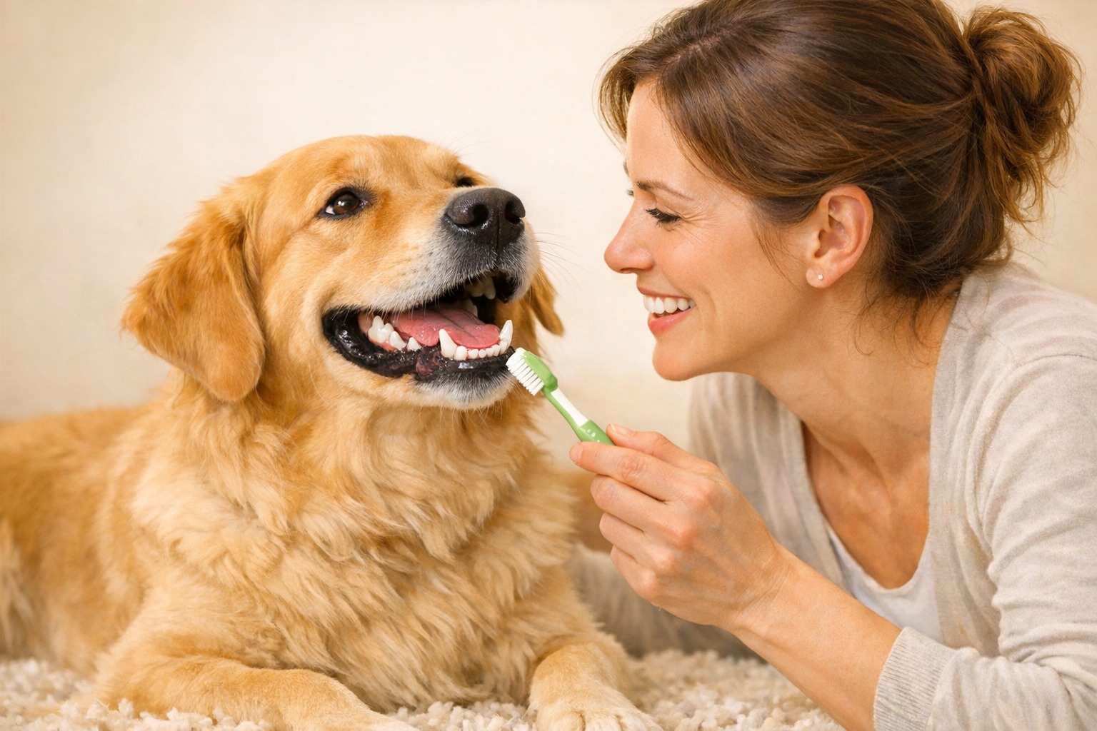 Freundlicher Hund mit strahlendem Lächeln wird von seinem Besitzer liebevoll mit einer Zahnbürste gepflegt.
