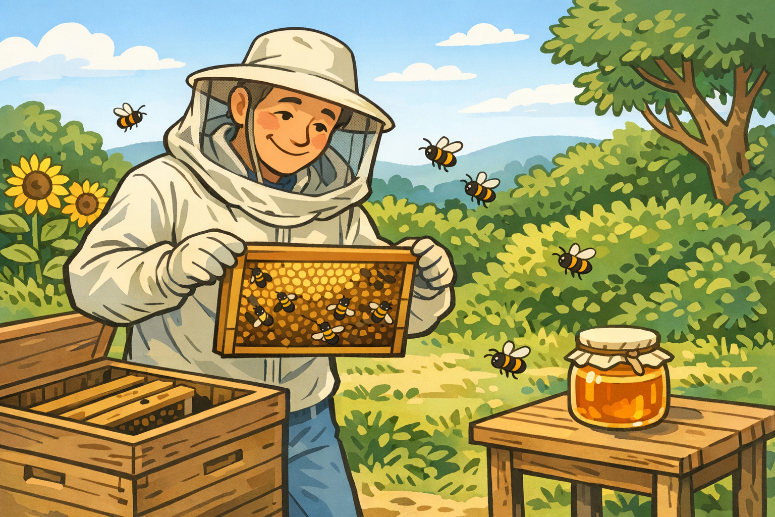 Lächelnder Imker in sonnigem Garten mit Bienenstock, umgeben von fröhlichen Bienen und einem Honigglas auf einem Tisch.