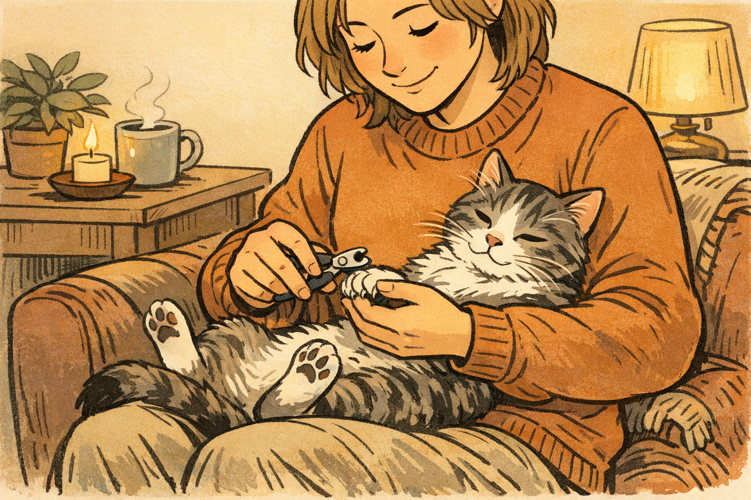 Gemütliche Innenansicht: Eine sanfte Person trimmt die Krallen einer entspannten Katze im Schoß und schafft eine einladende Atmosphäre.