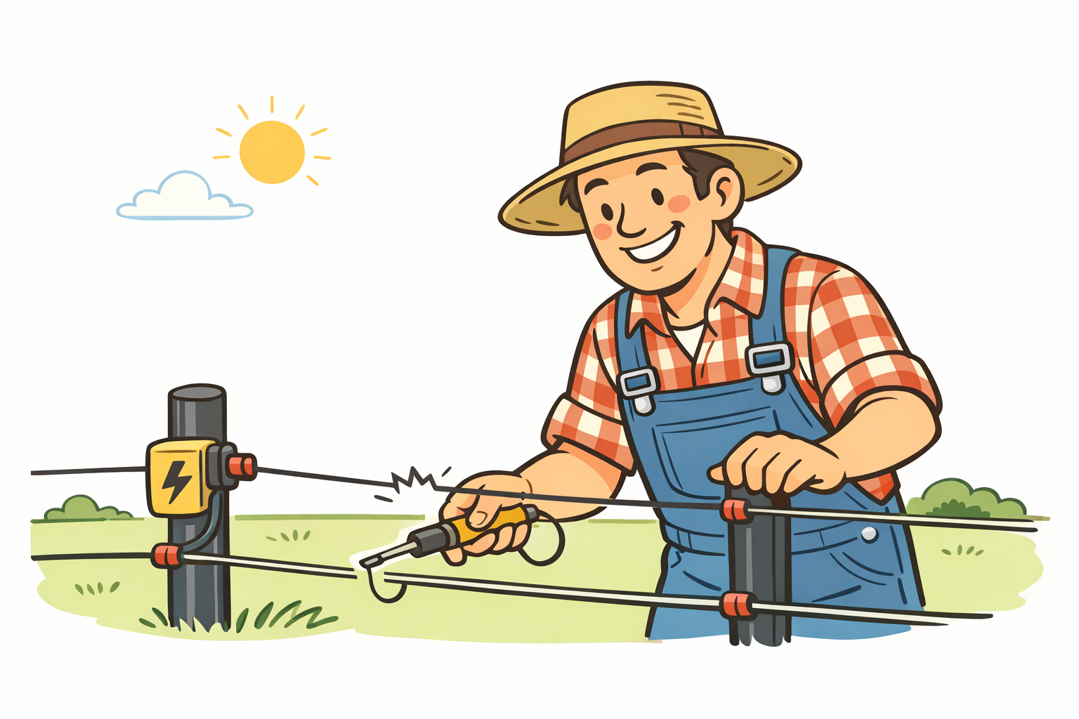 Fröhlicher Bauer überprüft ein stabiles Elektrozaun in sonniger Wiese, lächelnd mit Werkzeug, im minimalistischen Comic-Stil.