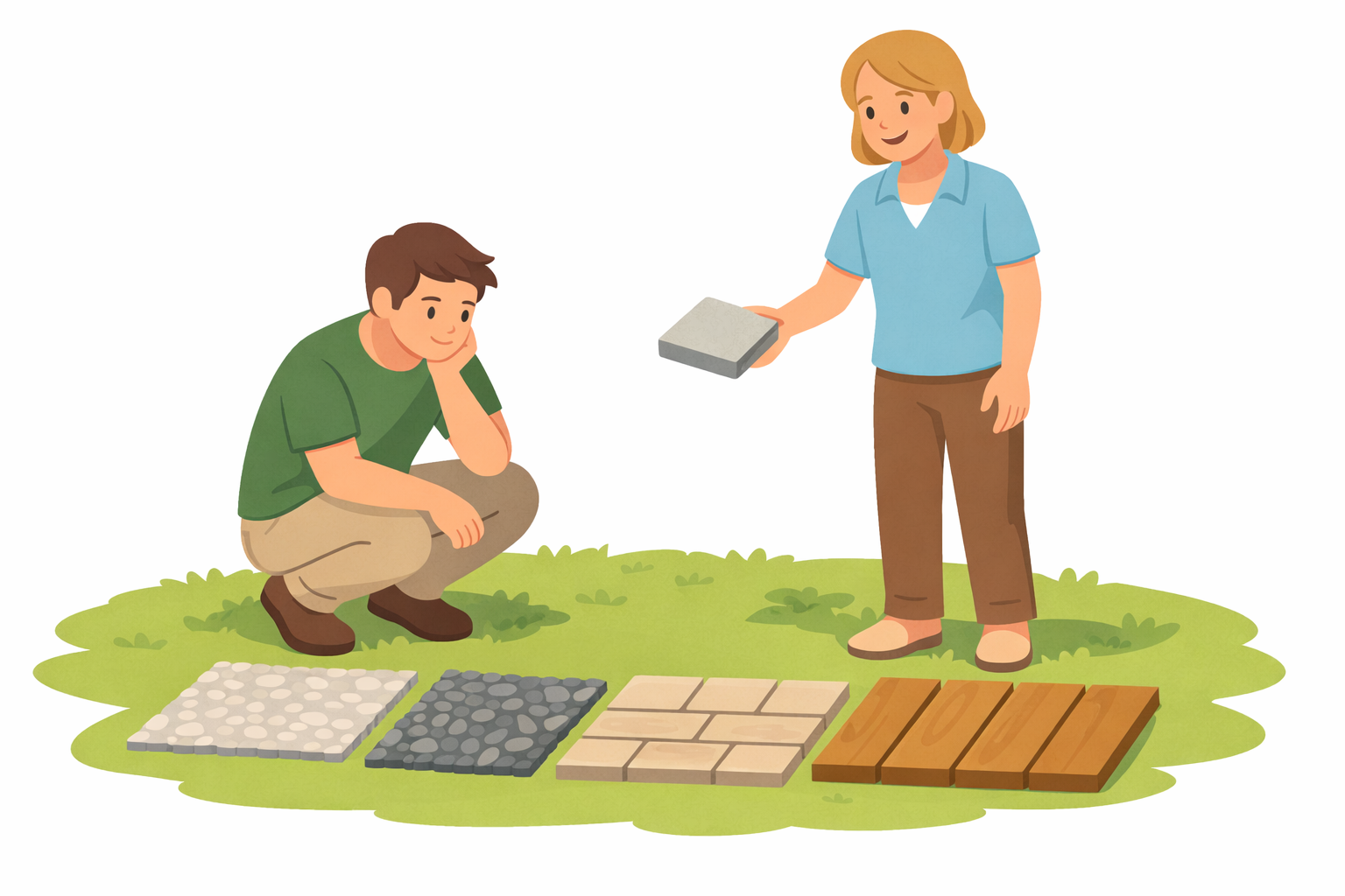 Zwei Personen in einem sonnigen Garten prüfen Materialien zur Gestaltung eines Gartenwegs, fördern Zusammenarbeit und Kreativität.