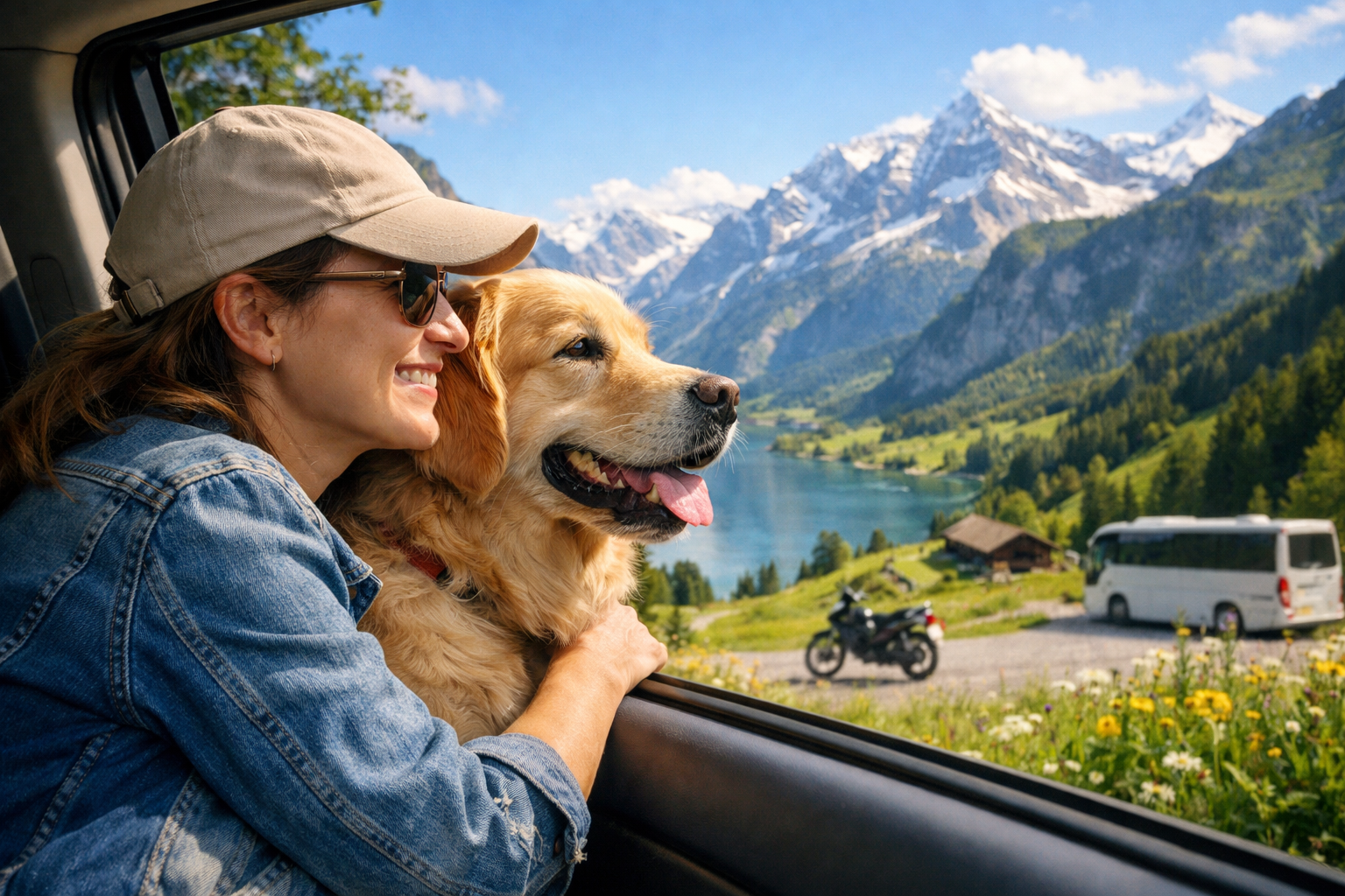 Glückliche Person mit Hund im Auto, Blick auf traumhafte Schweizer Landschaft an einem sonnigen Tag.