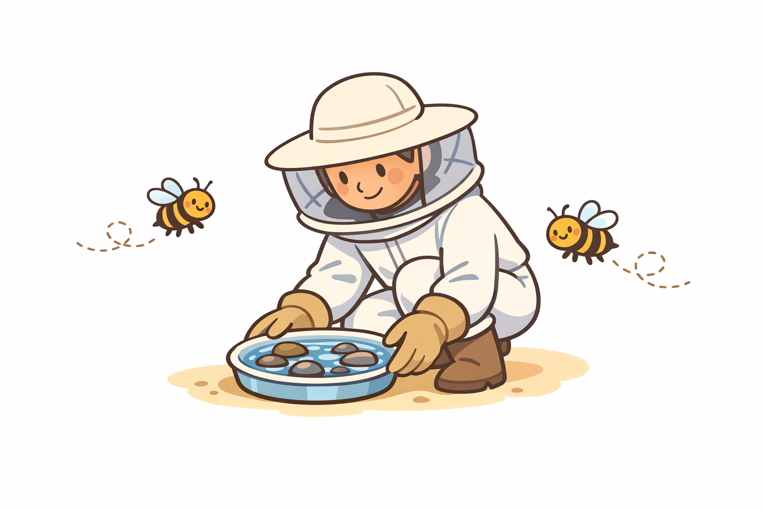 Beekeeper platziert Wassernapf für glückliche Bienen in einem sanften Garten mit minimalistischer Illustration.