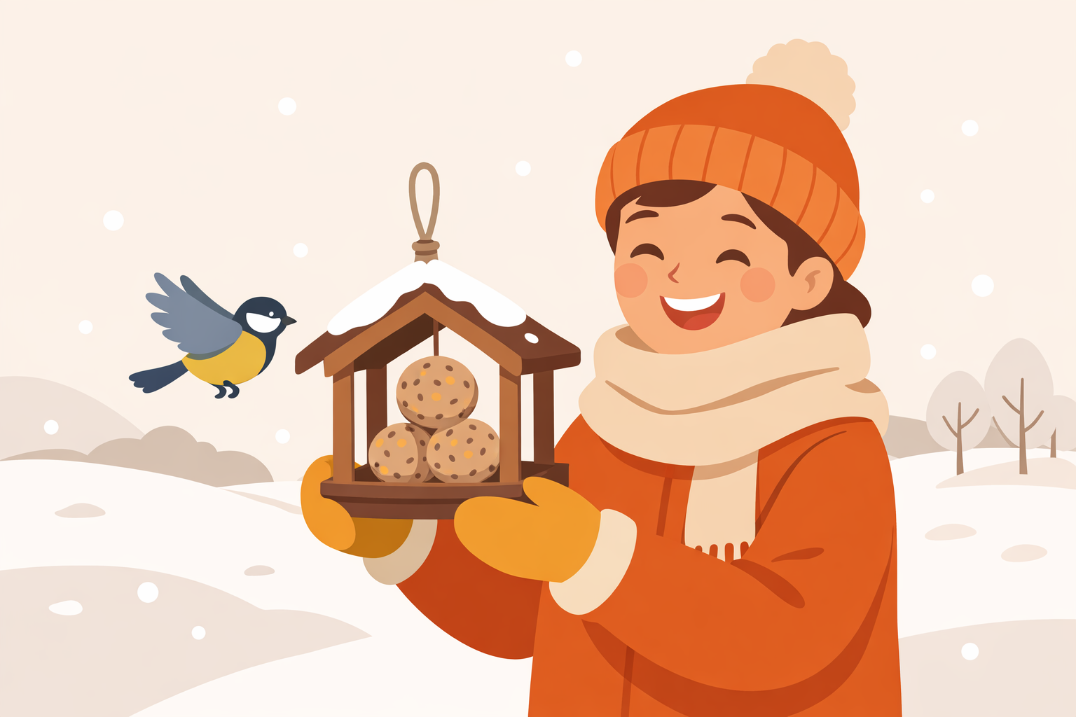 Eine fröhliche Person steht in einer verschneiten Landschaft und hält einen selbstgemachten Vogelhaus mit Fettfutter.