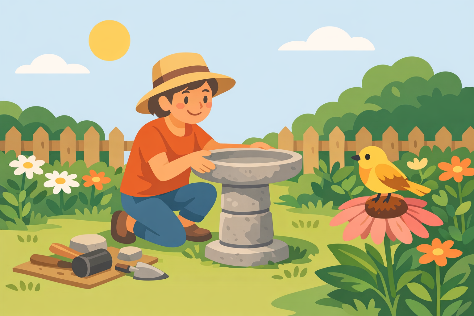Person im sonnigen Garten baut mit einfachen Werkzeugen einen Schalenbrunnen, während ein neugieriger Vogel zuschaut.