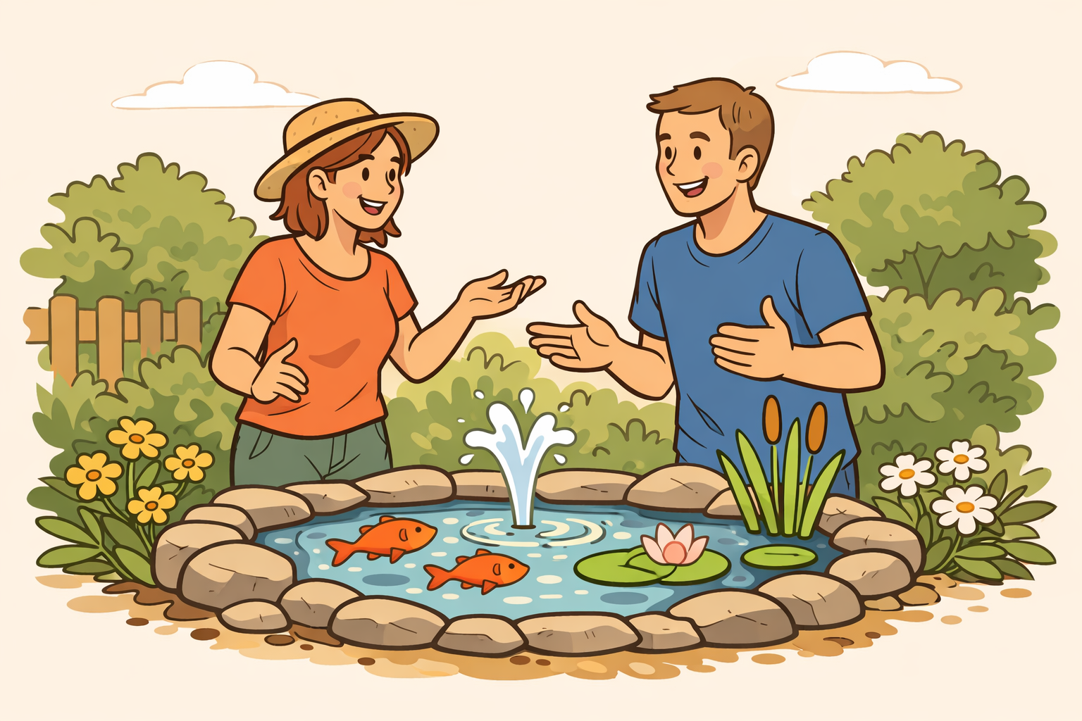 Lächelndes Paar plant einen einfachen Teich in einem gemütlichen Garten mit üppigem Grün und Blumen.