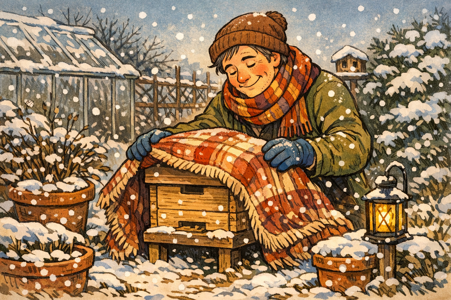 Gemütliche Wintergarten-Szene mit lächelndem Gärtner, der einen Bienenstock sanft mit einer Decke schützt, während Schneeflocken fallen.