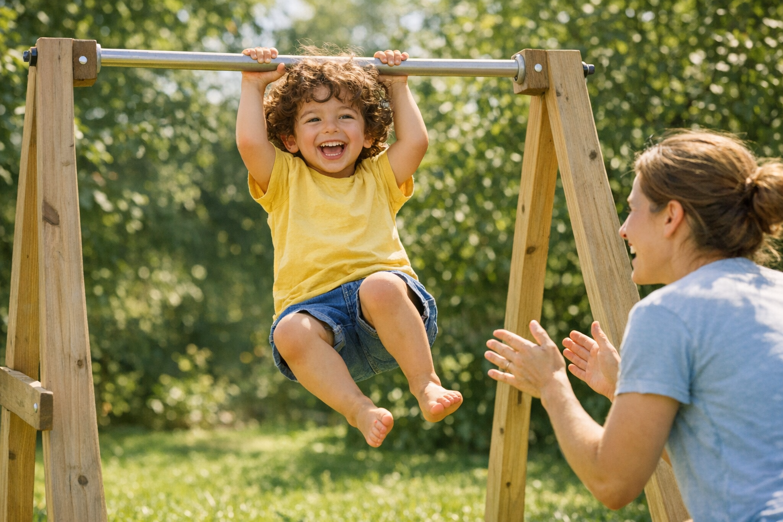 Fröhliches Kind mit lockigem Haar spielt an einer Gymnastikstange im sonnigen Garten, umgeben von üppigem Grün.