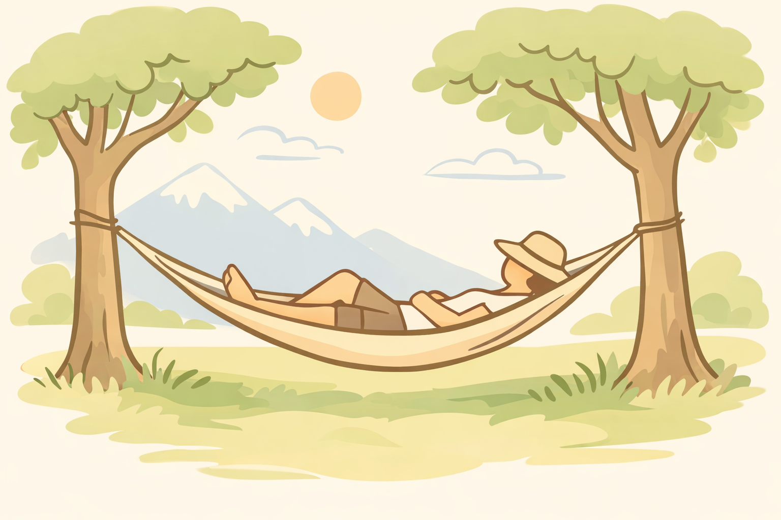 Person entspannt in einer Hängematte zwischen Bäumen im idyllischen Schweizer Garten an einem sonnigen Tag.