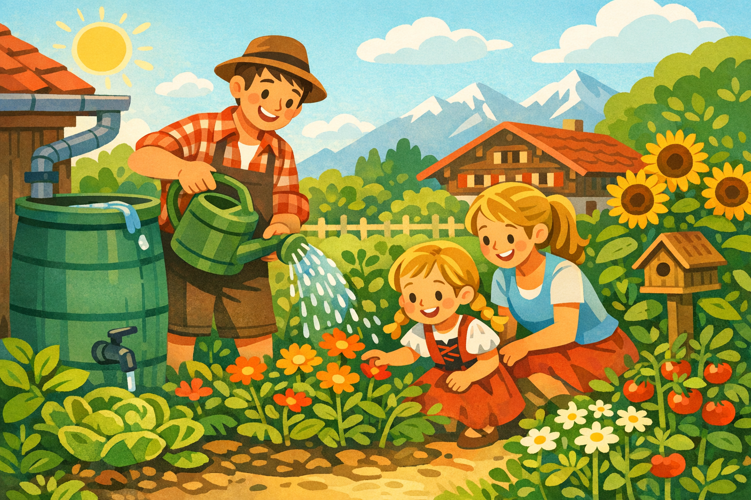 Fröhliche Schweizer Familie beim Gießen ihres bunten Gartens mit einer Regenwassersammeltonne unter strahlender Sonne.