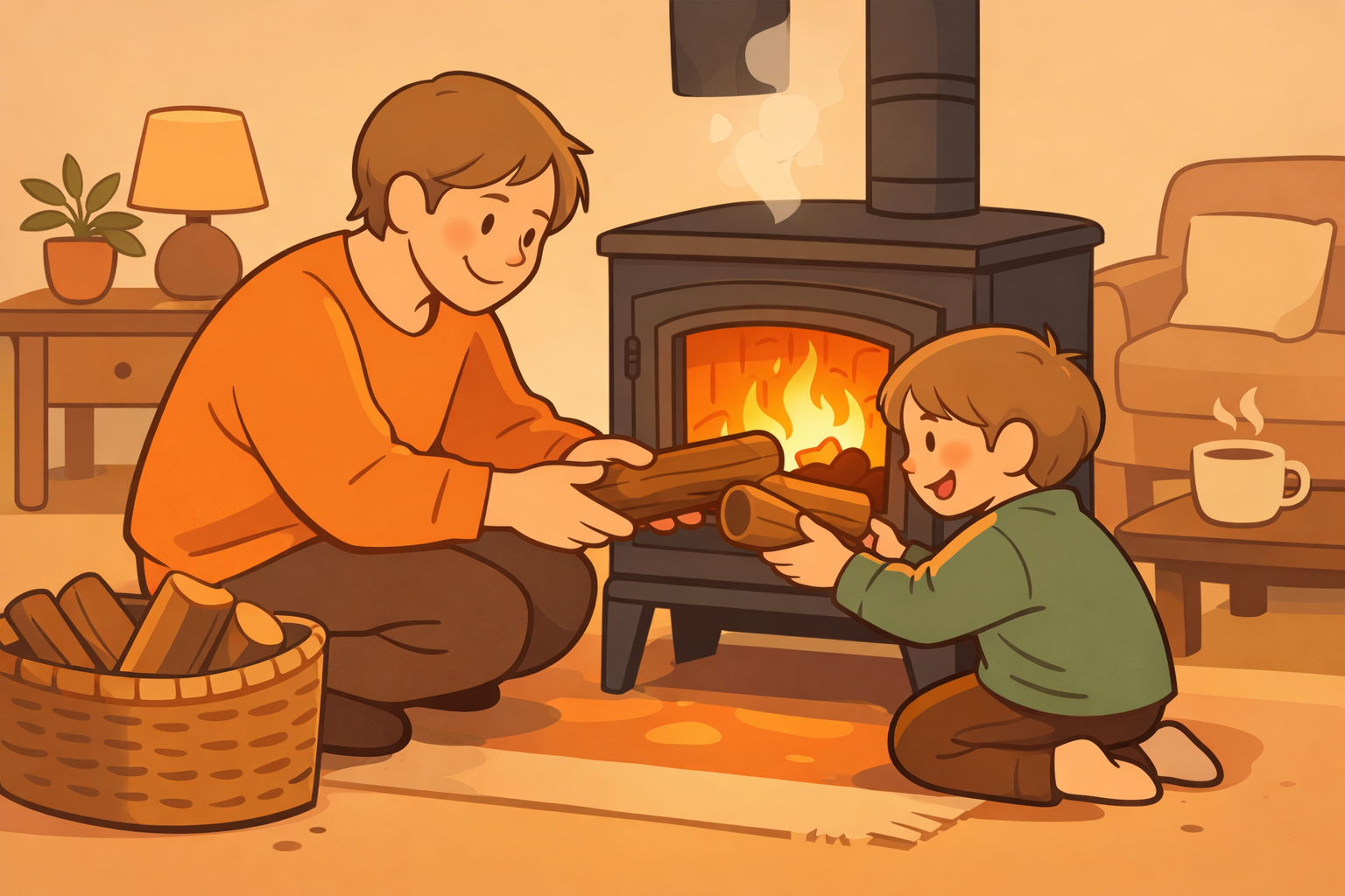 Gemütliche Wohnzimmer-Szene mit lächelndem Elternteil und Kind, die Holz in einen warmen Kamin legen.