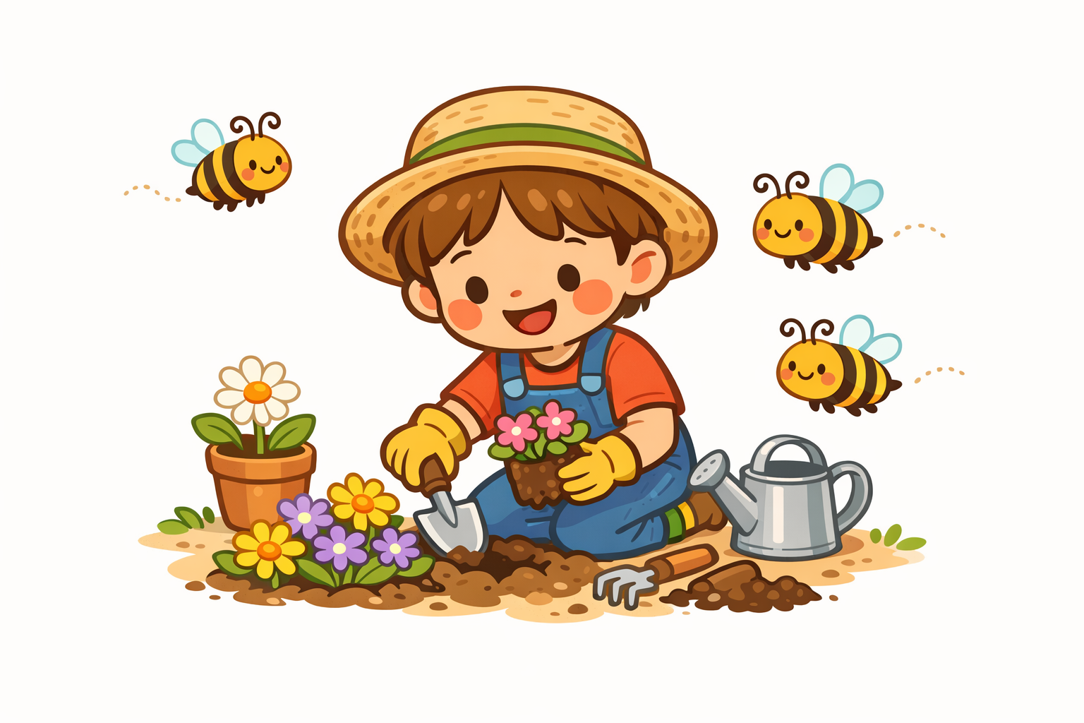 Ein fröhliches Kind pflanzt Blumen in einem bunten Garten, umgeben von summenden Wildbienen in warmer Farbenpracht.