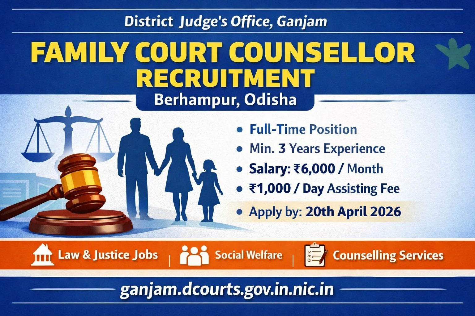 Family Court Counsellor Recruitment - Berhampur, Odisha - Odisha Govt Job 2026