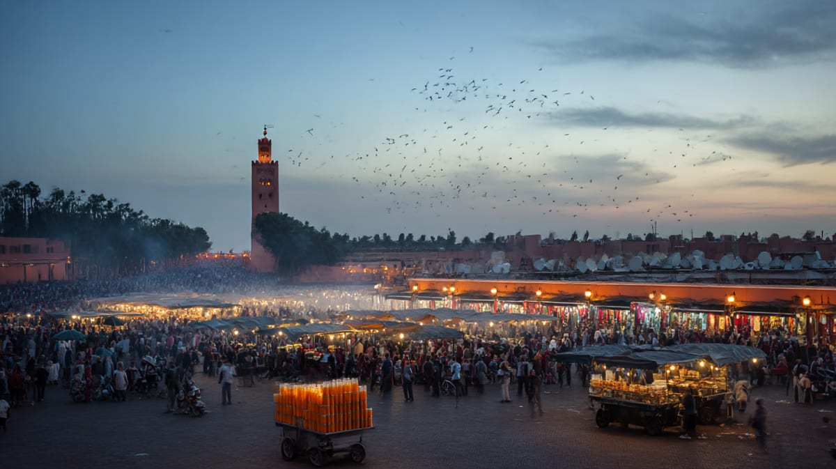 Jemaa el-Fna square at dusk, food stalls smoking and storytellers beginning, Marrakech