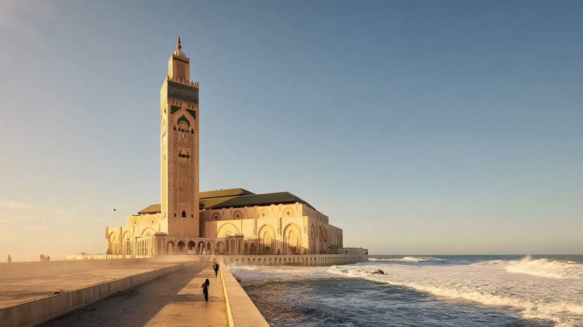 Hassan II Mosque at sunset, its minaret reflected in the Atlantic Ocean, Casablanca