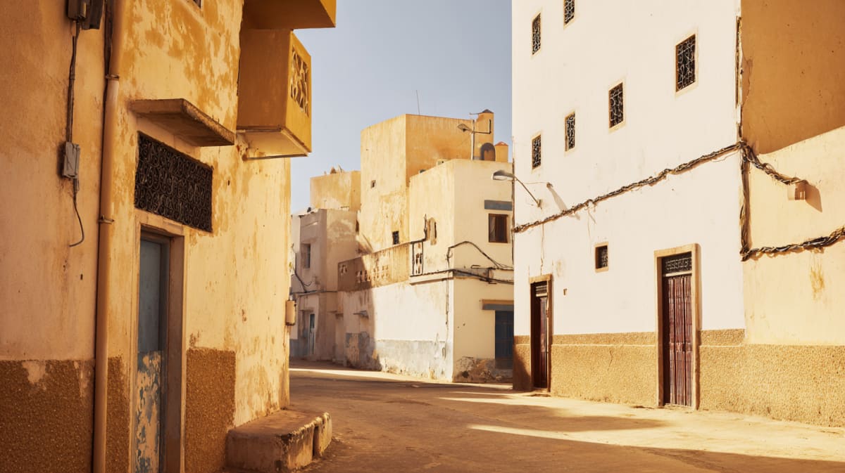 The art-deco Spanish architecture of Sidi Ifni above its Atlantic fishing harbour