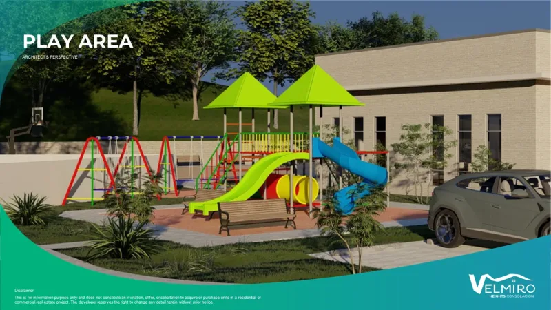 a rendering of a playground with a car parked in front