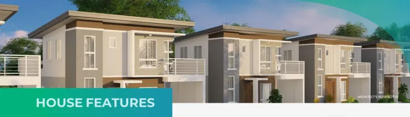 a row of houses with the words house features