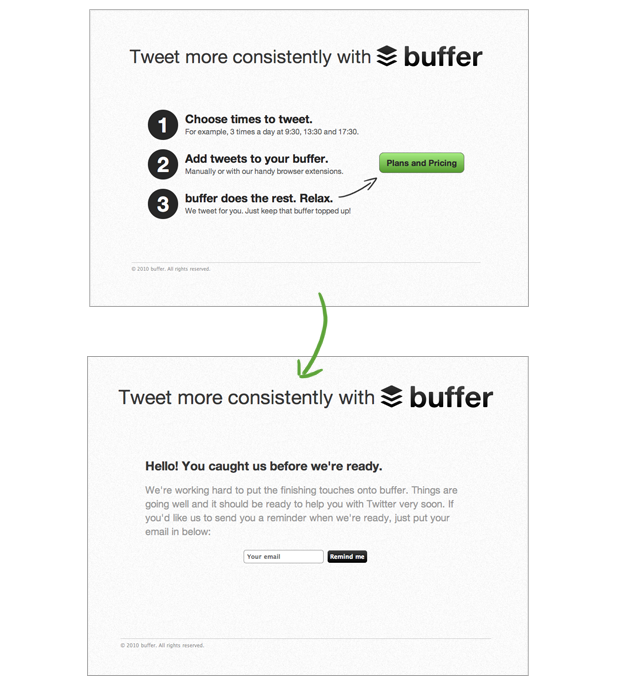 Early Buffer landing page used to validate product demand