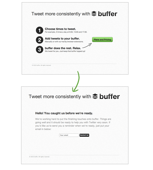 Early Buffer landing page used to validate product demand