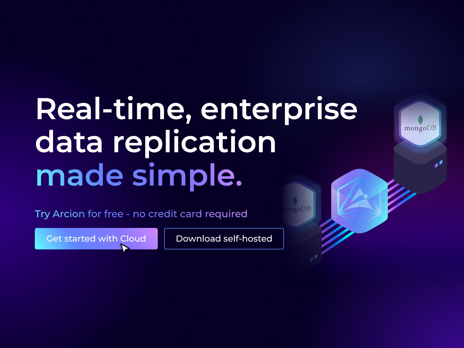 The arcion.io headline from April 2022, Real-time, enterprise data replication made simple, with its two buttons