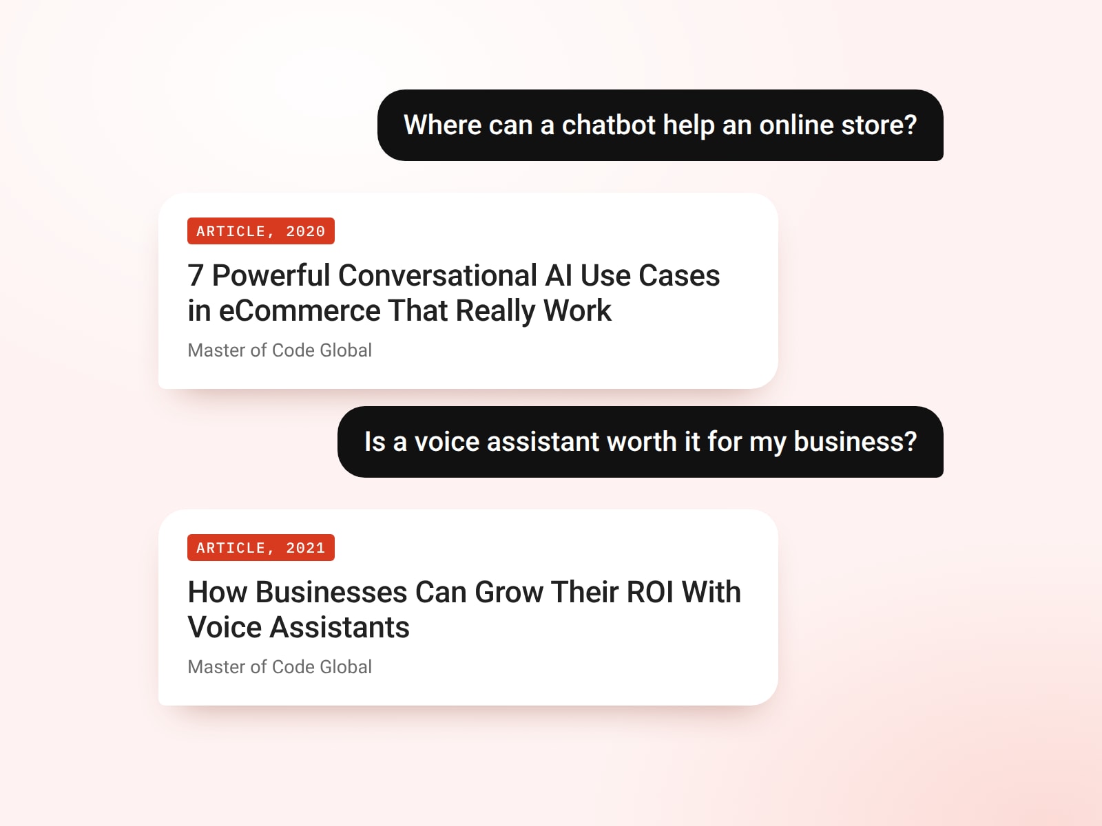 Two questions about chatbots and voice assistants, each answered with a Master of Code article