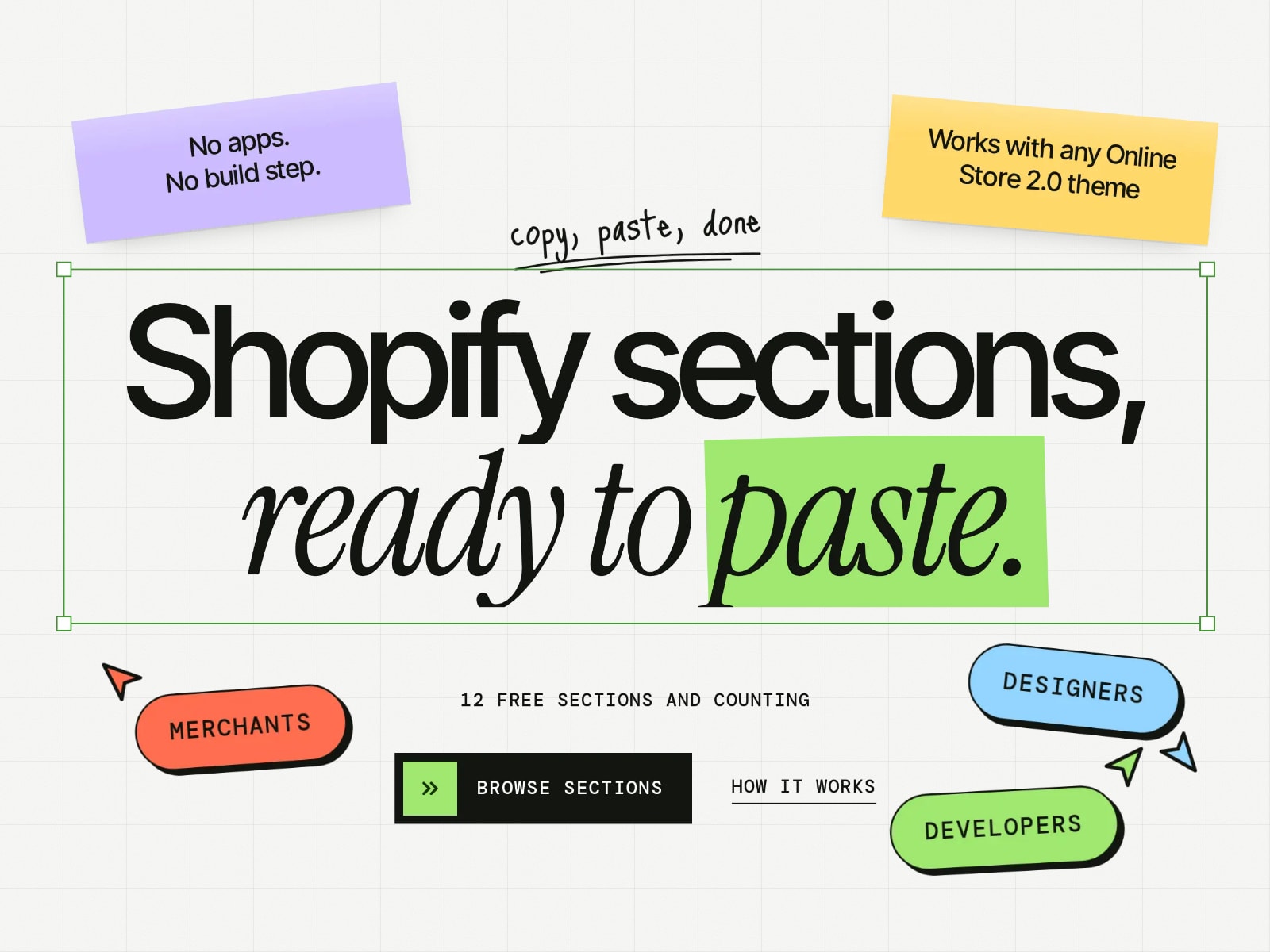 The PROPS homepage headline, Shopify sections, ready to paste, in a green selection frame with sticky notes and cursor tags