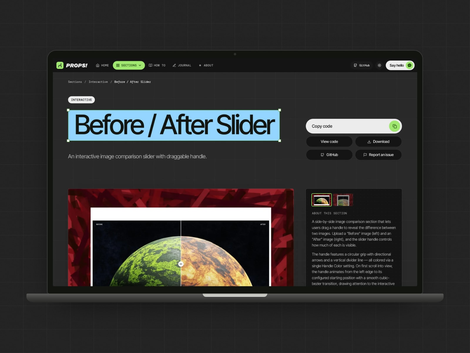 The Before / After Slider section page in dark mode on a laptop