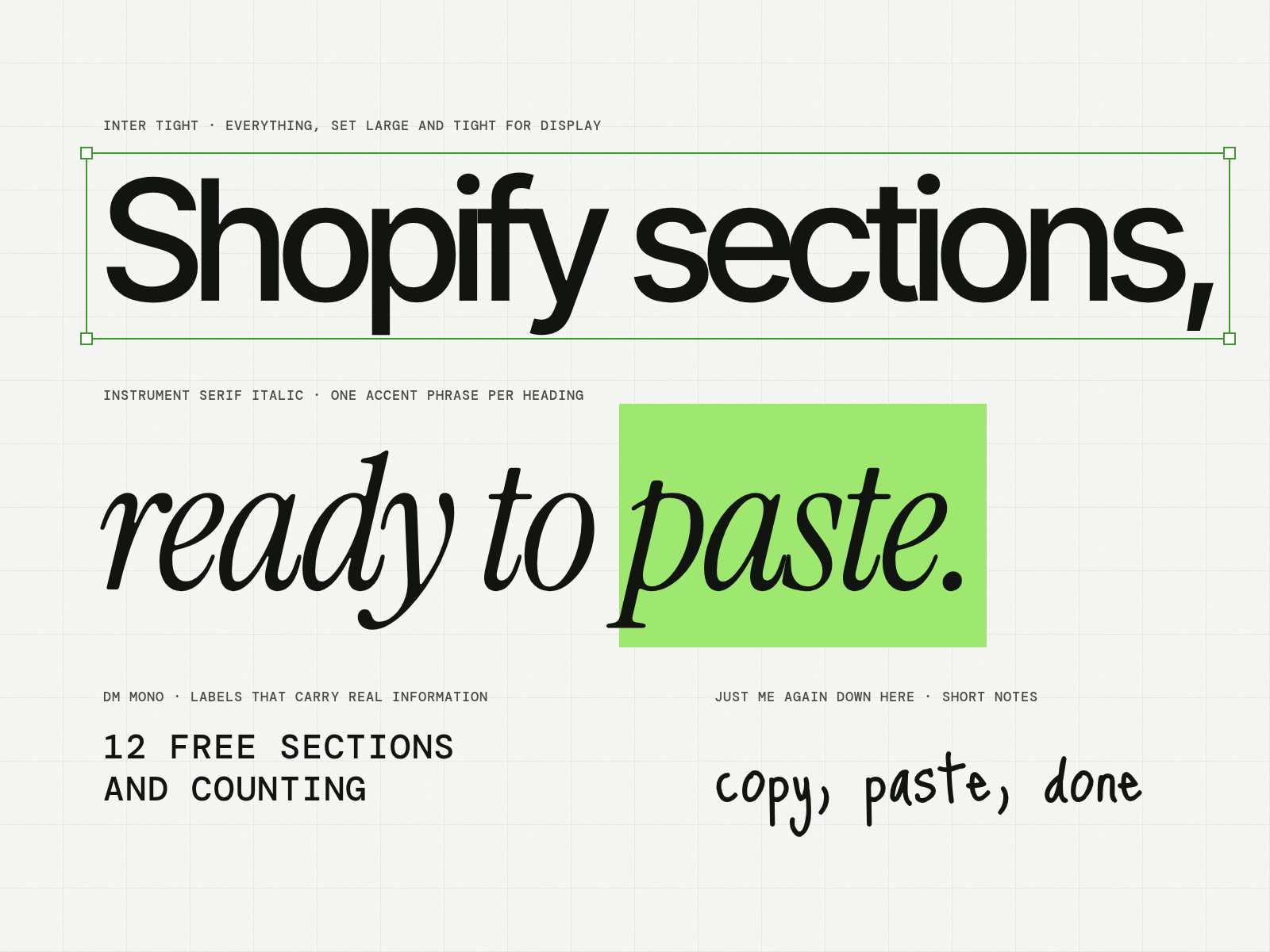 The four PROPS typefaces in their jobs: Inter Tight for Shopify sections, Instrument Serif italic for ready to paste, DM Mono for 12 free sections and counting, and a hand font for copy, paste, done