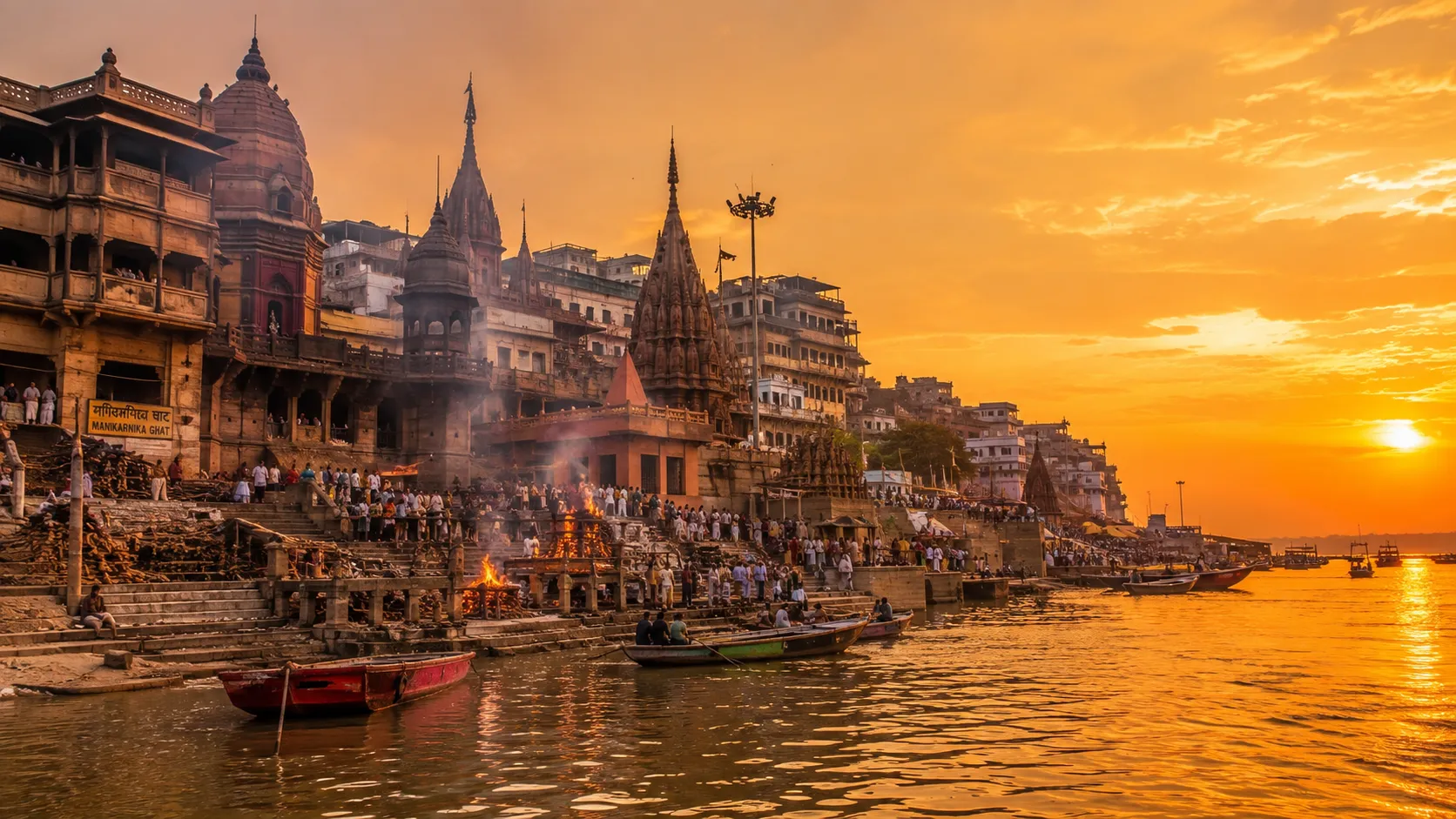 Manikarnika Ghat Varanasi - Respectful distant view of the ghat's steps and old buildings, never showing pyres or grieving families