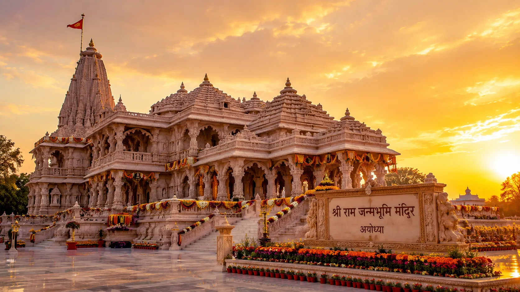 Shri Ram Janmabhoomi Mandir Ayodhya - The grand pink-sandstone Ram Mandir with its Nagara shikhara